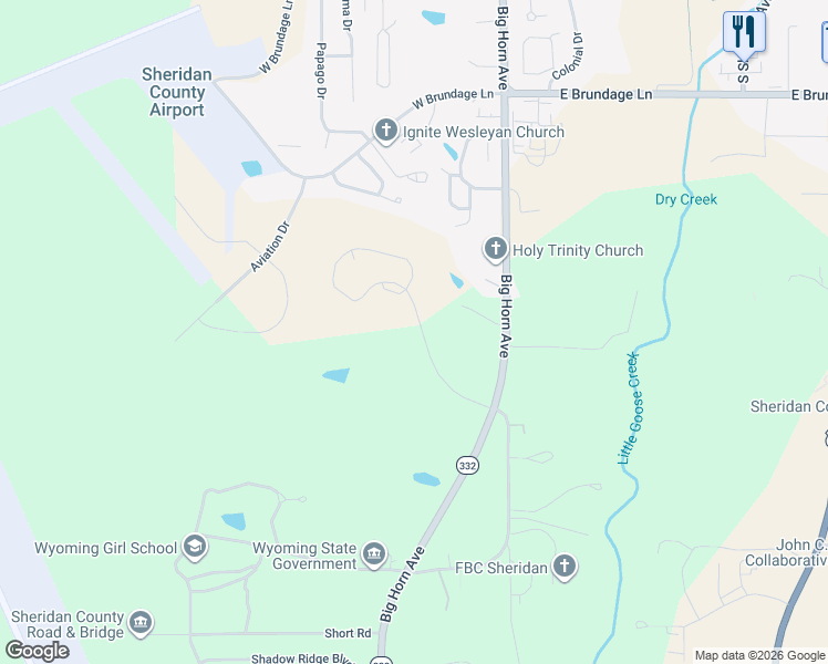 map of restaurants, bars, coffee shops, grocery stores, and more near 2760 Big Horn Avenue in Sheridan