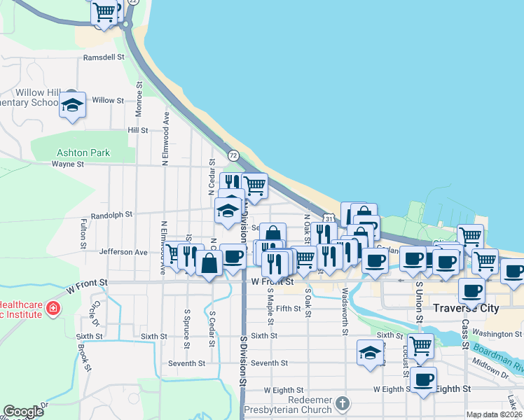 map of restaurants, bars, coffee shops, grocery stores, and more near 613 Randolph Street in Traverse City