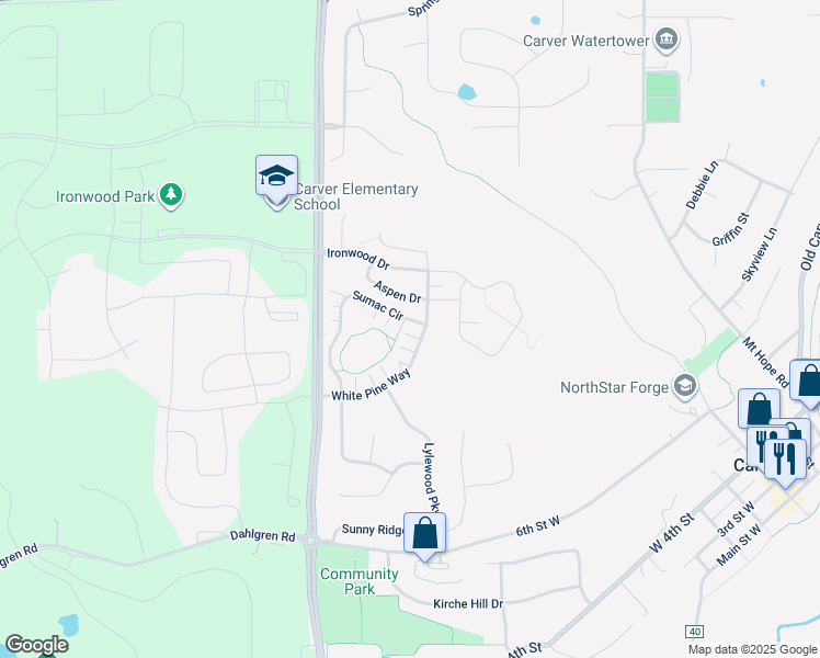 map of restaurants, bars, coffee shops, grocery stores, and more near 1644 White Pine Way in Carver