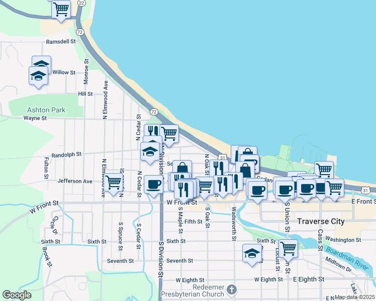 map of restaurants, bars, coffee shops, grocery stores, and more near 521 Randolph Street in Traverse City