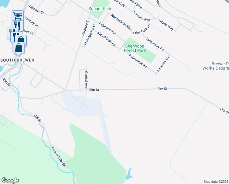 map of restaurants, bars, coffee shops, grocery stores, and more near 226 Elm Street in Brewer