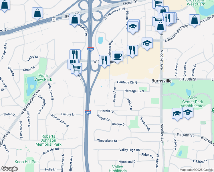 map of restaurants, bars, coffee shops, grocery stores, and more near 13000 Harriet Avenue South in Burnsville