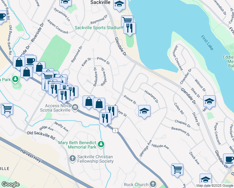 map of restaurants, bars, coffee shops, grocery stores, and more near 138 Prince Street in Lower Sackville
