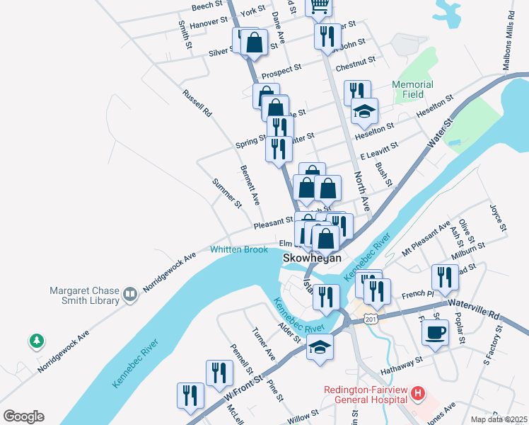 map of restaurants, bars, coffee shops, grocery stores, and more near 8 Middle Road in Skowhegan