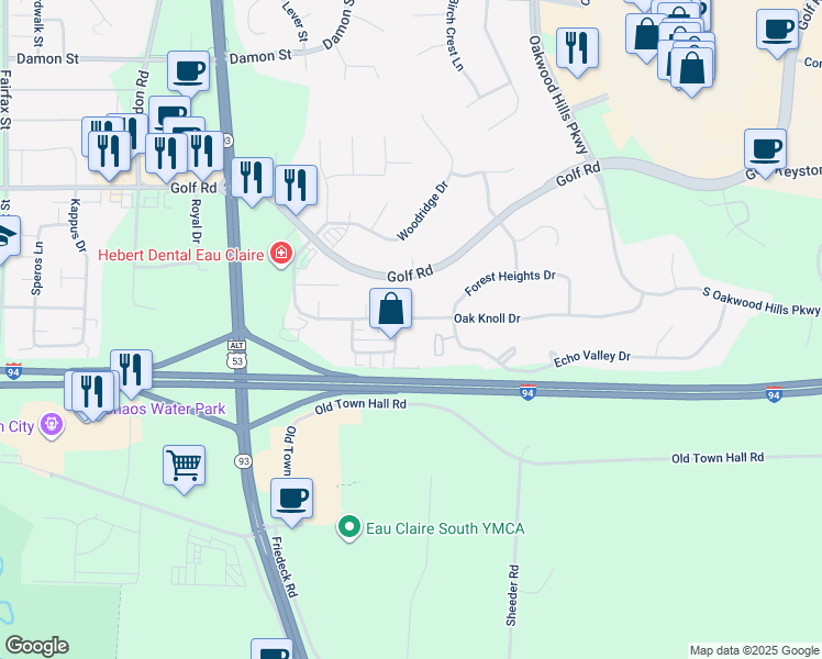 map of restaurants, bars, coffee shops, grocery stores, and more near 3503 Oak Knoll Drive in Eau Claire