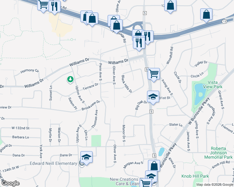 map of restaurants, bars, coffee shops, grocery stores, and more near 13008 Oliver Avenue South in Burnsville