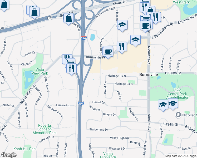 map of restaurants, bars, coffee shops, grocery stores, and more near 13000 Harriet Avenue South in Burnsville