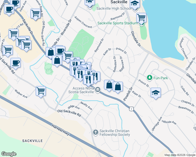 map of restaurants, bars, coffee shops, grocery stores, and more near 33 Florence Place Court in Lower Sackville