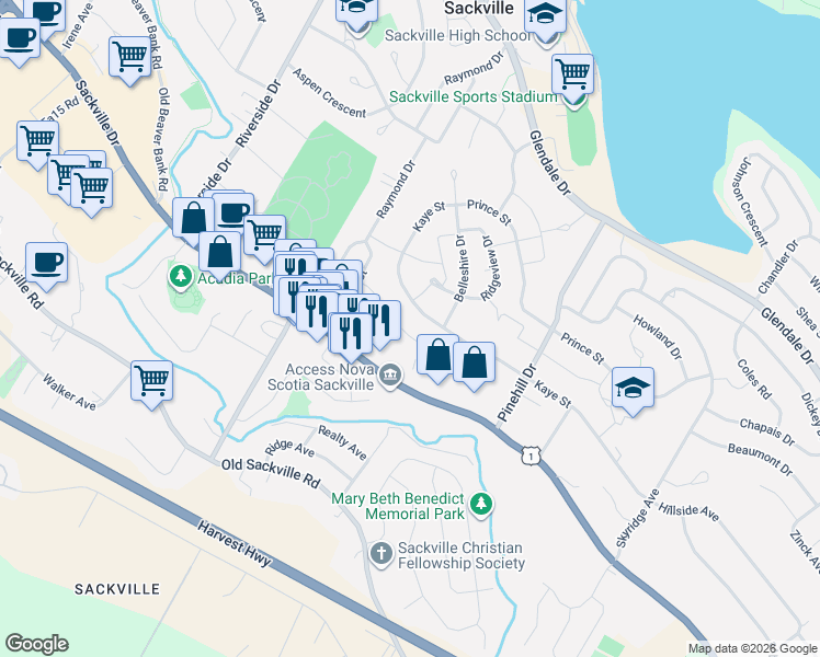 map of restaurants, bars, coffee shops, grocery stores, and more near 44 Florence Place Court in Lower Sackville