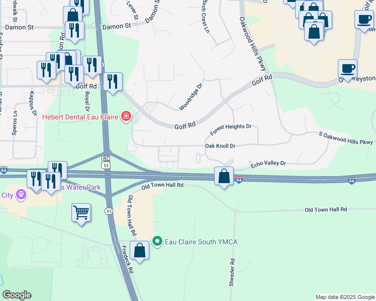 map of restaurants, bars, coffee shops, grocery stores, and more near 3503 Oak Knoll Drive in Eau Claire