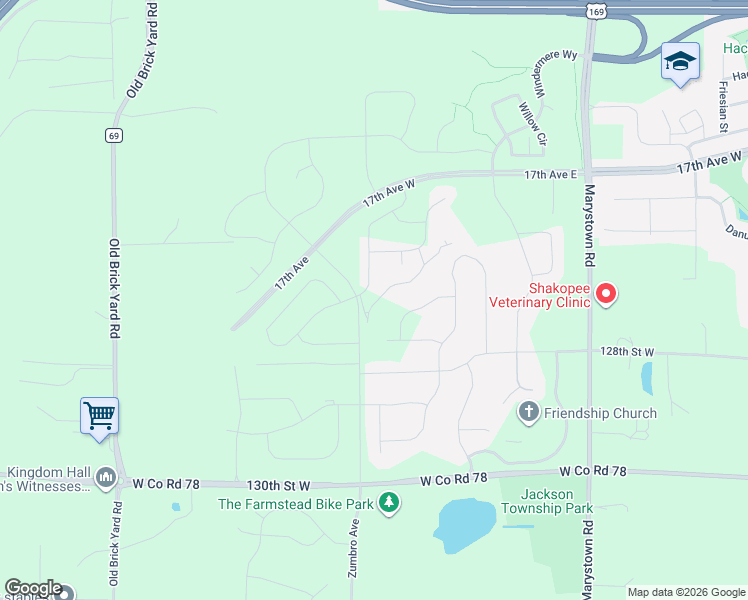 map of restaurants, bars, coffee shops, grocery stores, and more near 1907 125th Street in Shakopee