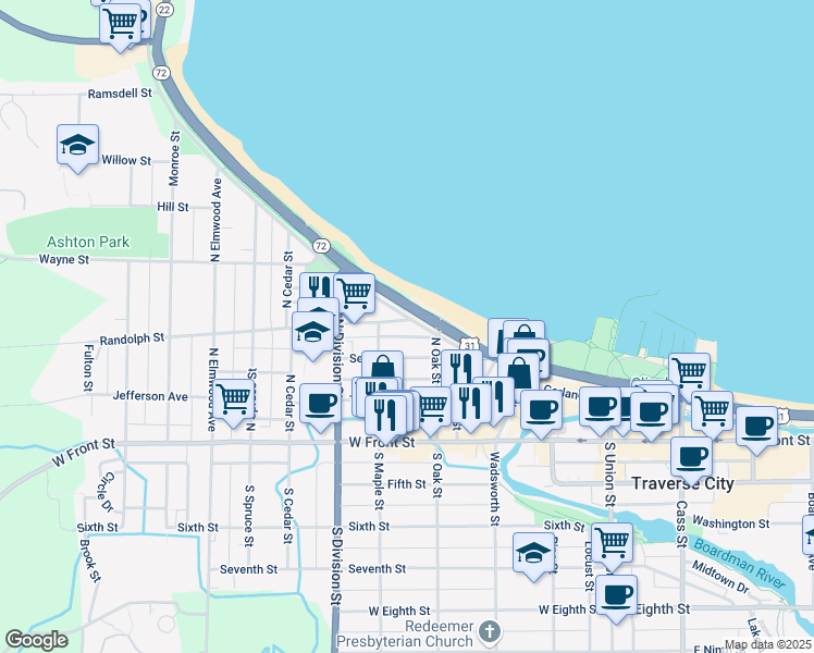 map of restaurants, bars, coffee shops, grocery stores, and more near 521 Randolph Street in Traverse City