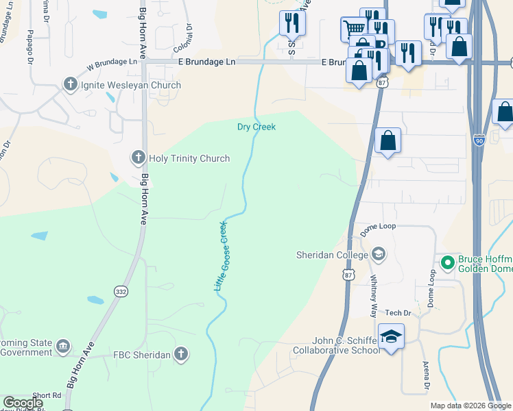 map of restaurants, bars, coffee shops, grocery stores, and more near 2656 Coffeen Avenue in Sheridan