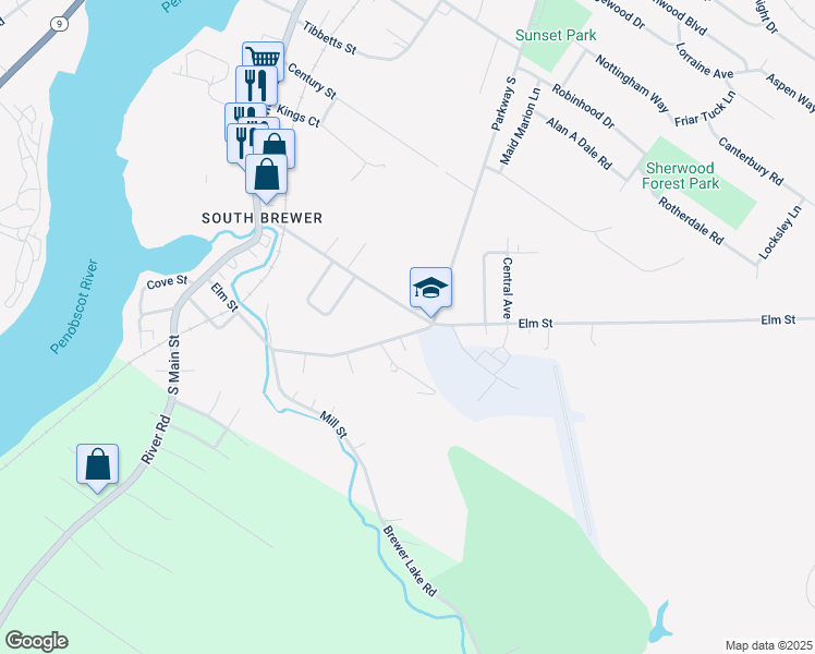 map of restaurants, bars, coffee shops, grocery stores, and more near 110 Elm Street in Brewer