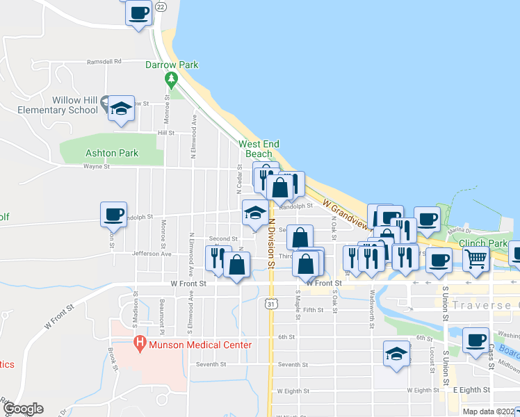 map of restaurants, bars, coffee shops, grocery stores, and more near 710 Randolph Street in Traverse City