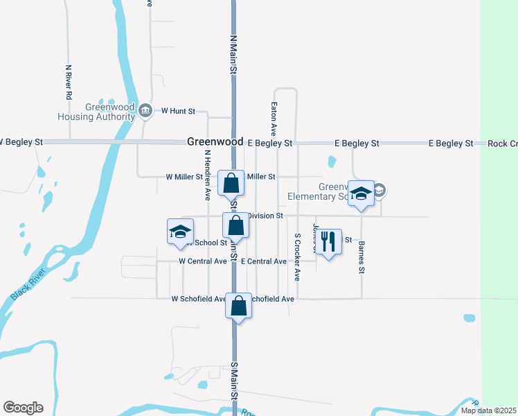 map of restaurants, bars, coffee shops, grocery stores, and more near 109 North Andrews Avenue in Greenwood