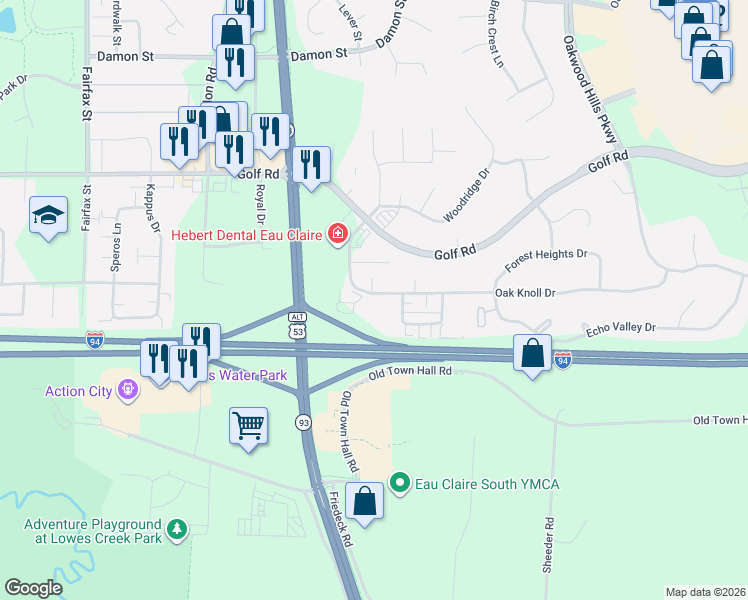 map of restaurants, bars, coffee shops, grocery stores, and more near 3115 Oak Knoll Drive in Eau Claire