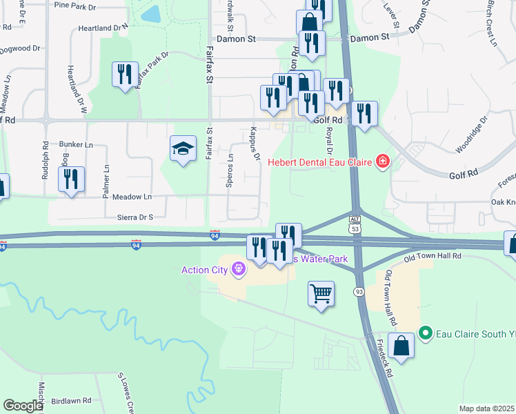 map of restaurants, bars, coffee shops, grocery stores, and more near 4808 Kappus Drive in Eau Claire