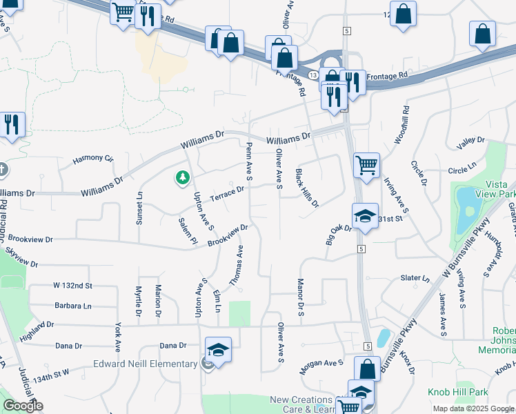 map of restaurants, bars, coffee shops, grocery stores, and more near 13011 Penn Avenue South in Burnsville