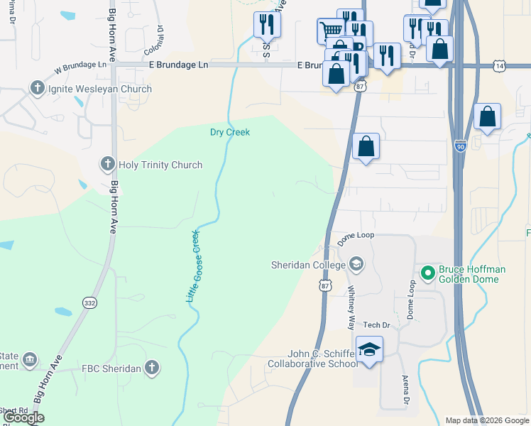 map of restaurants, bars, coffee shops, grocery stores, and more near 2656 Coffeen Avenue in Sheridan