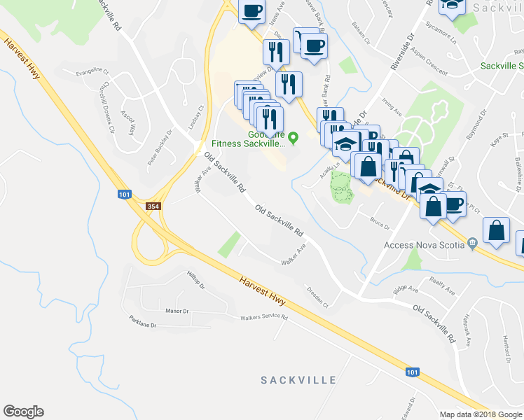 map of restaurants, bars, coffee shops, grocery stores, and more near 665 Old Sackville Road in Lower Sackville