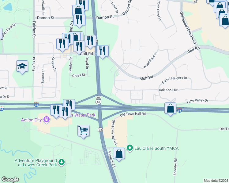 map of restaurants, bars, coffee shops, grocery stores, and more near 3115 Oak Knoll Drive in Eau Claire