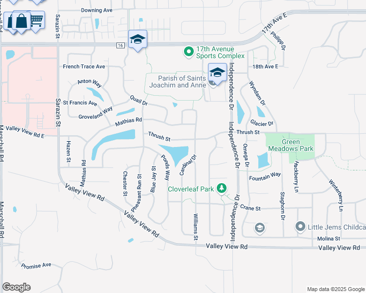 map of restaurants, bars, coffee shops, grocery stores, and more near 2550 Thrush Street in Shakopee