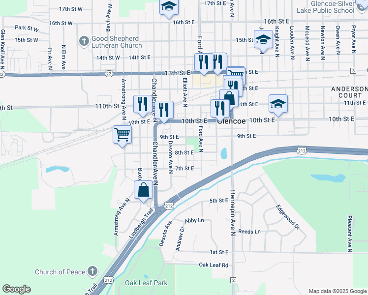 map of restaurants, bars, coffee shops, grocery stores, and more near 415 8th Street East in Glencoe