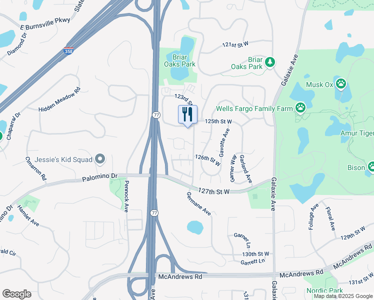 map of restaurants, bars, coffee shops, grocery stores, and more near 12633 Glenbrook Way in Apple Valley