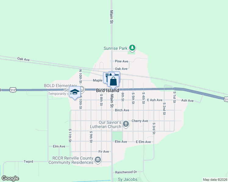 map of restaurants, bars, coffee shops, grocery stores, and more near 101 Main Street in Bird Island