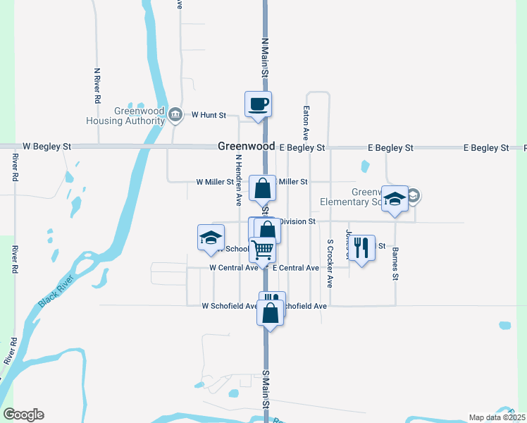 map of restaurants, bars, coffee shops, grocery stores, and more near 105 North Main Street in Greenwood