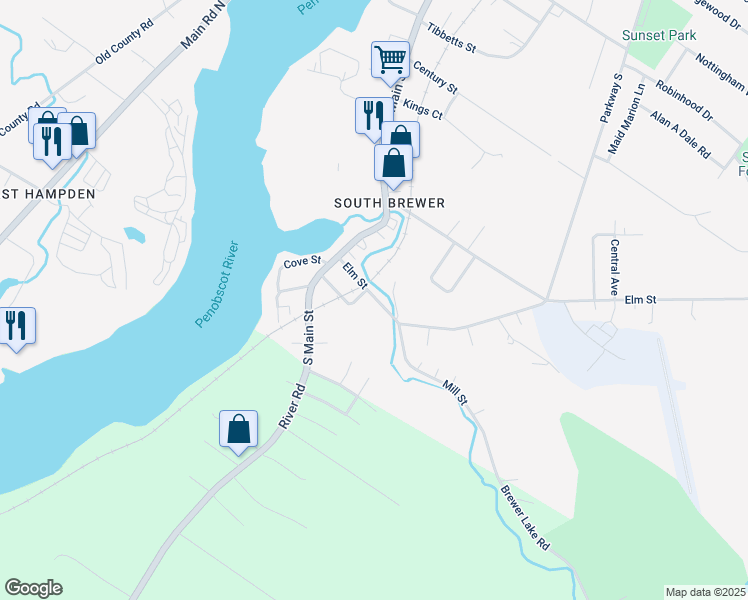 map of restaurants, bars, coffee shops, grocery stores, and more near 27 Elm Street in Brewer