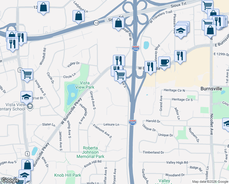 map of restaurants, bars, coffee shops, grocery stores, and more near 13009 Forest Glen Drive in Burnsville