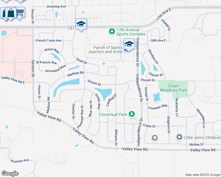 map of restaurants, bars, coffee shops, grocery stores, and more near 2550 Thrush Street in Shakopee