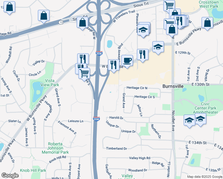 map of restaurants, bars, coffee shops, grocery stores, and more near 13000 Harriet Avenue South in Burnsville
