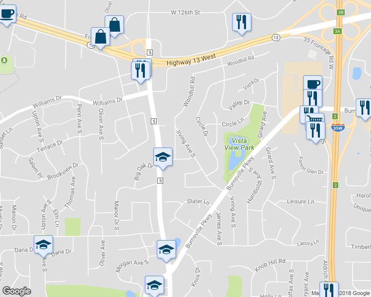 map of restaurants, bars, coffee shops, grocery stores, and more near 13012 Irving Avenue South in Burnsville