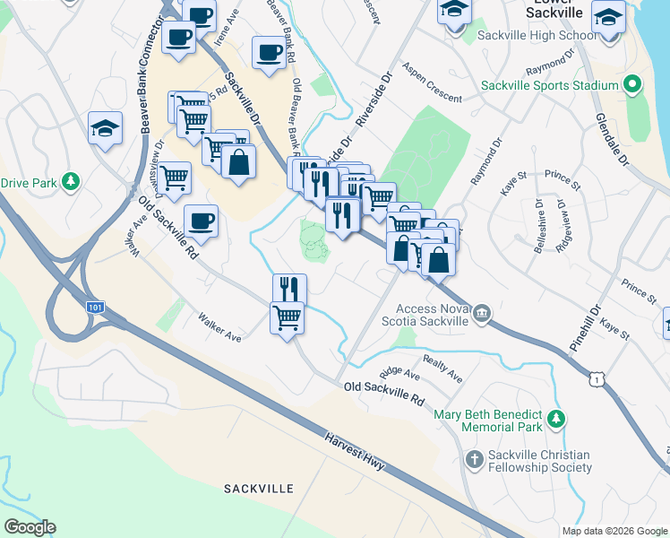 map of restaurants, bars, coffee shops, grocery stores, and more near 4 Emily Court in Lower Sackville