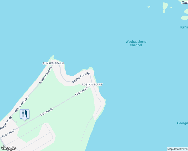 map of restaurants, bars, coffee shops, grocery stores, and more near 282 Robins Point Road in Simcoe County