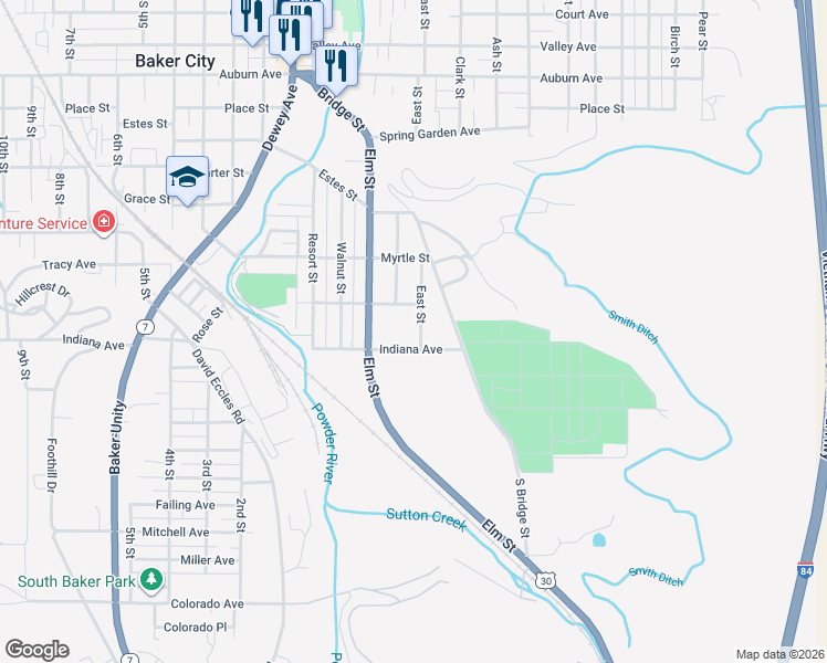 map of restaurants, bars, coffee shops, grocery stores, and more near 945 East Street in Baker City
