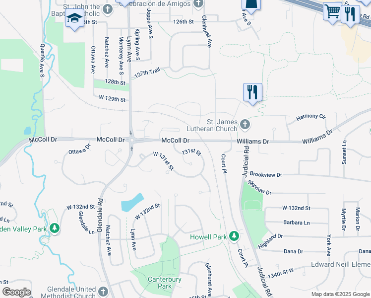 map of restaurants, bars, coffee shops, grocery stores, and more near 13031 131st Street in Savage