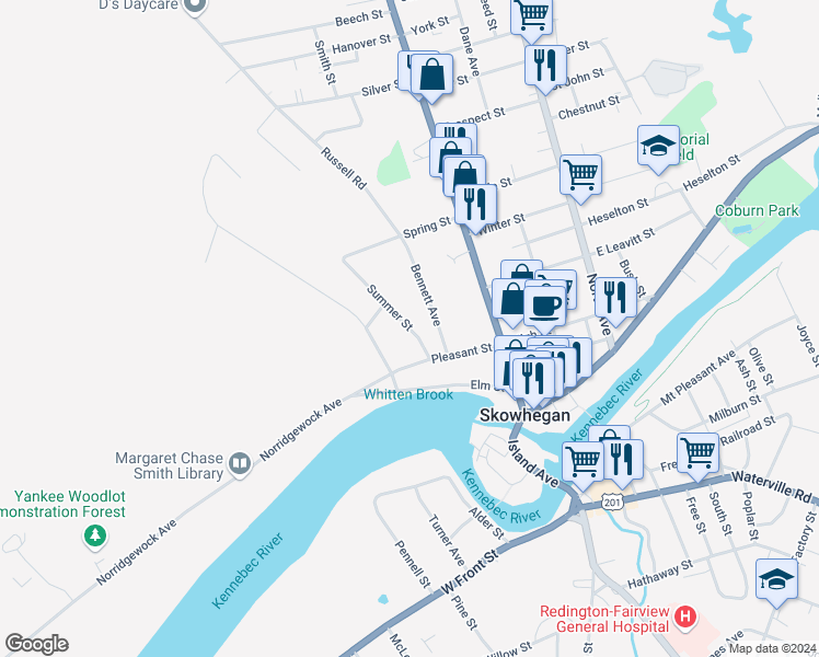 map of restaurants, bars, coffee shops, grocery stores, and more near 22 Summer Street in Skowhegan