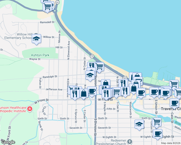 map of restaurants, bars, coffee shops, grocery stores, and more near 710 Randolph Street in Traverse City