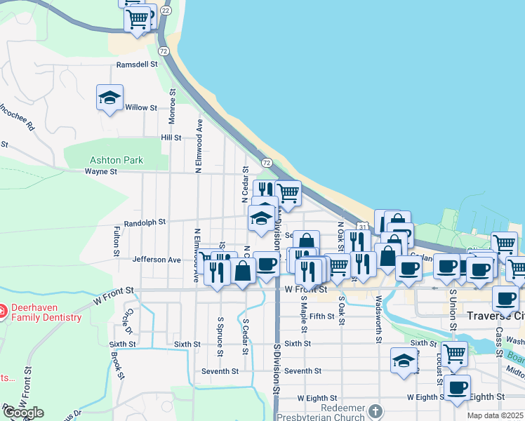 map of restaurants, bars, coffee shops, grocery stores, and more near 710 Randolph Street in Traverse City