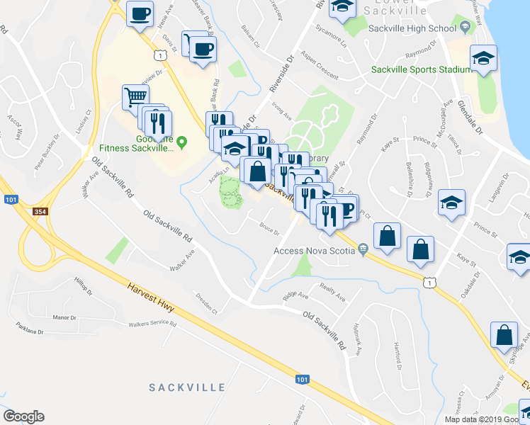 map of restaurants, bars, coffee shops, grocery stores, and more near 10 Louise Court in Lower Sackville