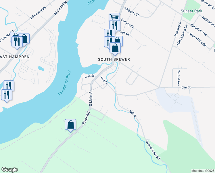map of restaurants, bars, coffee shops, grocery stores, and more near 27 Elm Street in Brewer