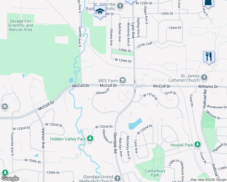 map of restaurants, bars, coffee shops, grocery stores, and more near 13005 Ottawa Place in Savage