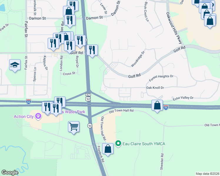 map of restaurants, bars, coffee shops, grocery stores, and more near 3115 Oak Knoll Drive in Eau Claire
