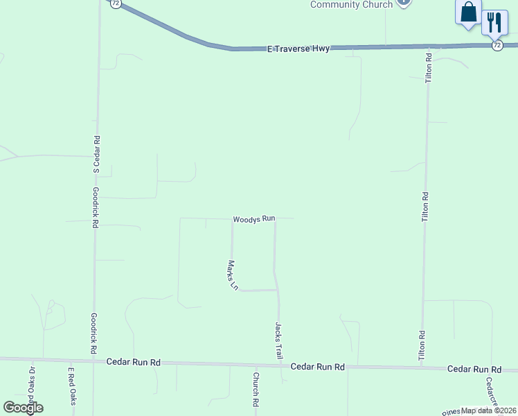 map of restaurants, bars, coffee shops, grocery stores, and more near 9400-9666 Woodys Run in Traverse City