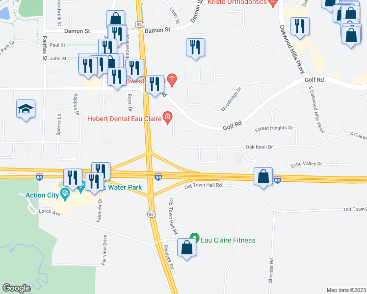 map of restaurants, bars, coffee shops, grocery stores, and more near 3115 Oak Knoll Drive in Eau Claire