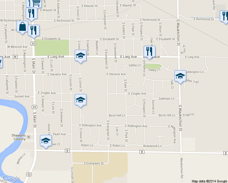 map of restaurants, bars, coffee shops, grocery stores, and more near 919 East Zingler Avenue in Shawano